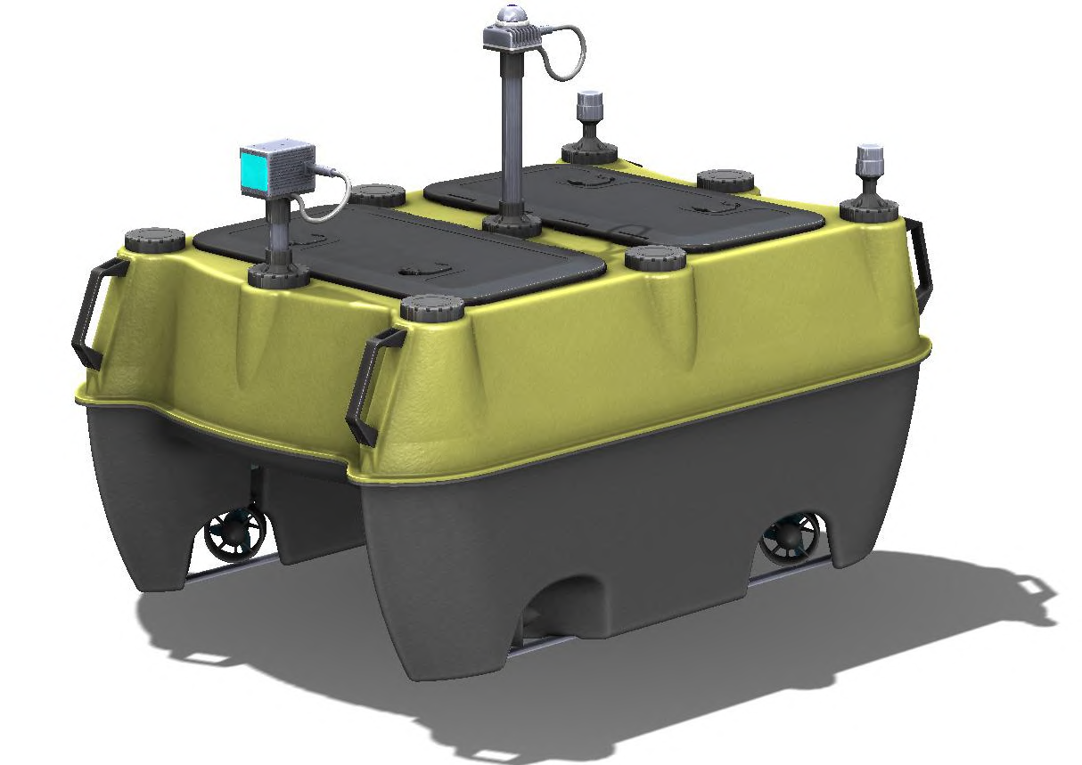 CAD-Rendering des SensorBoats in isometrischer Ansicht mit GNSS-Antennen und Laserscanner